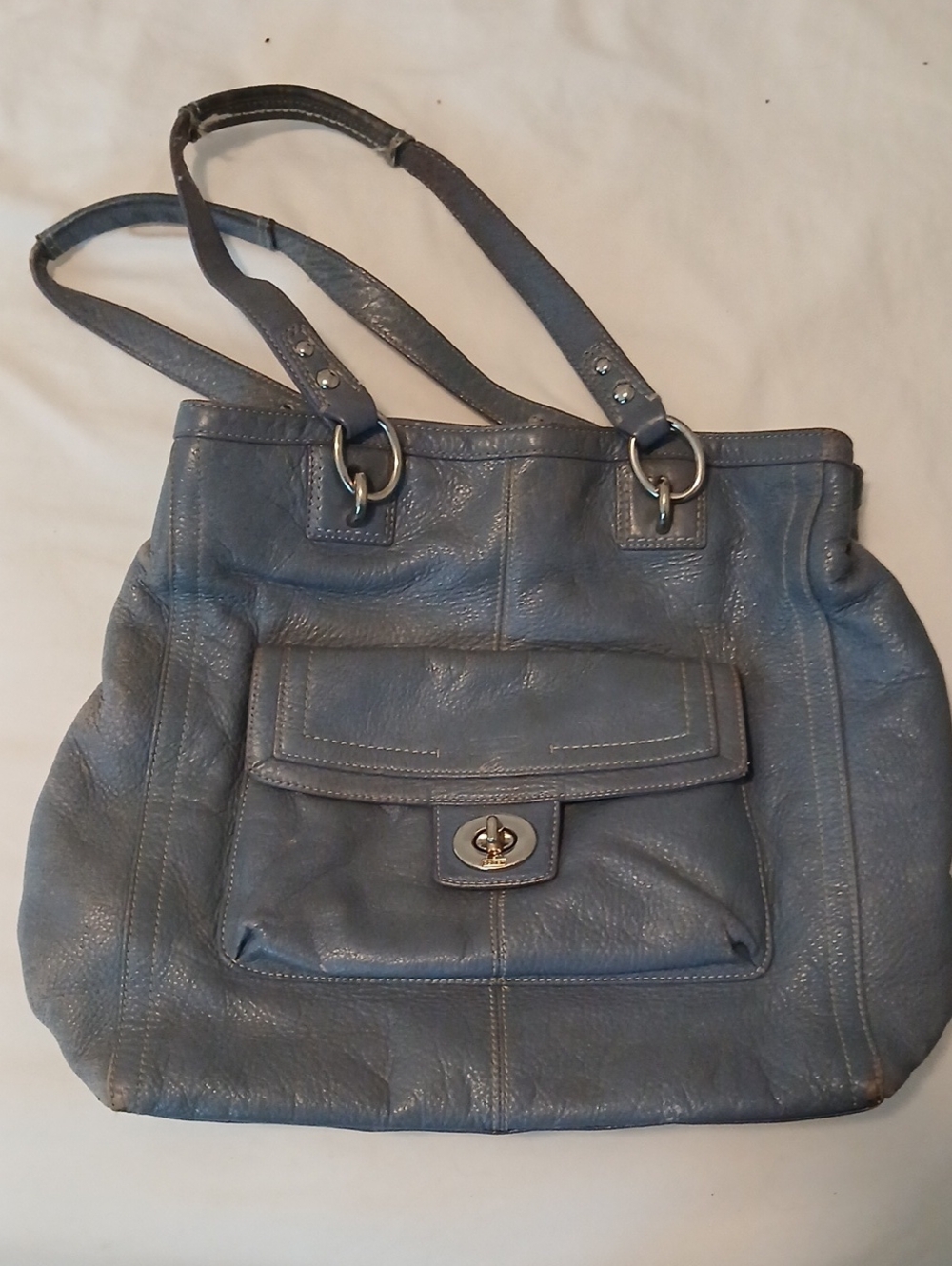 Vintage Coach Women's Slate Blue Leather Shoulder Tote with Front Pocket